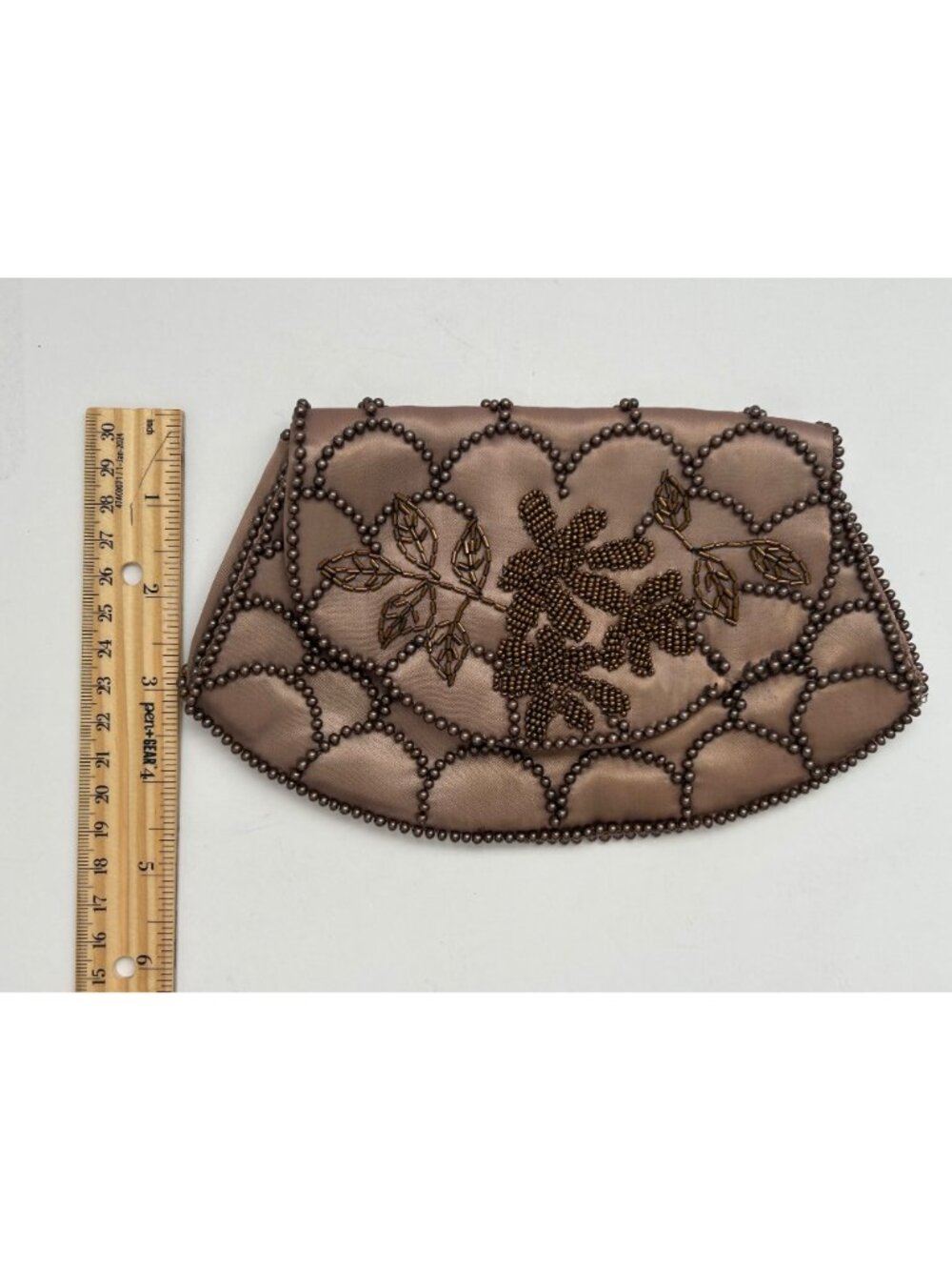 Vintage Brown Satin Beaded Clutch w/ Floral Motif Design - Picture 5 of 8